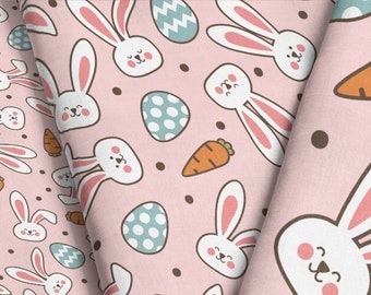 Pink Easter Bunny Fabric / Sweet Easter Collection / Carrot Egg Rabbit Fabric / Modern Boho Fabric / Easter Fabric by the Yard & Fat Quarter