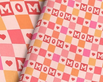 Mom Checkered Fabric / Mother's Day Fabric / Retro Checkerboard Fabric / Pink Orange Mom Heart Fabric Print by the Yard & Fat Quarter