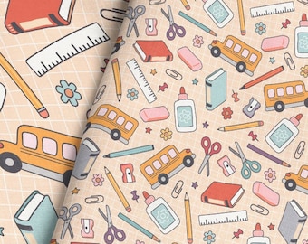 Cute School Things Fabric / Teacher Fabric / Bus, Pencil, Glue, Pen, Textbook Fabric / Back to School Fabric Print by the Yard & Fat Quarter