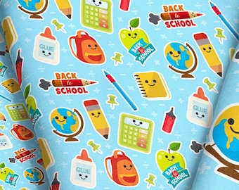 Back to School Fabric / Kawaii School Supplies Fabric / Elementary and Kindergarten / pencil backpack math Fabric by the Yard & Fat Quarter