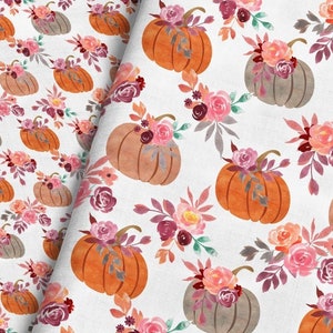 Watercolor Pumpkin Fabric by the Yard / Dusty Rose Orange and Blush / Autumn Fabric / Watercolor Floral Fabric Print in Yards & Fat Quarter