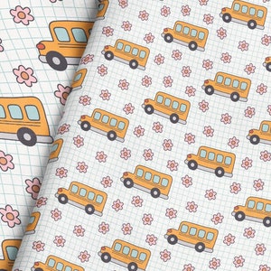 Yellow School Bus Fabric / Modern School Fabric / Teacher Fabric / Flower Back to School Fabric Print by the Yard & Fat Quarter