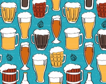 Beer Glass Fabric By The Yard - Blue / Adult Gift Project / Hops Ale Fabric / Draft Beer Brewery Fabric / Beer Print in Yard & Fat Quarter