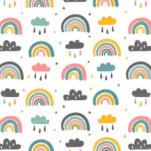 Baby Rainbows Fabric By The Yard / Baby Nursery Fabric / Boho Rainbow Fabric / Rainbows and Clouds Fabric Print in Yards & Fat Quarter
