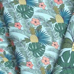 Tropischer Garten Stoff Meterware - Blaue Hawaiianische Ananas Palmenblatt Wedel Sommer Stoff Druck in Meter & Fat Quarter
