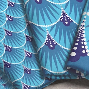 Art Deco Mermaid Scale Fabric by the Yard or Fat Quarter – Blue Fan Pattern – Retro Glam Fabric for Sewing, Quilting, DIY Projects