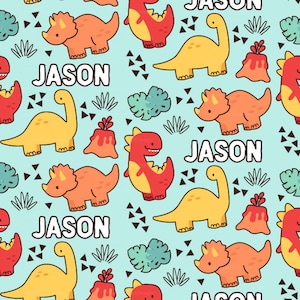 Personalized Baby Dinosaur Fabric / Jurassic Dino Custom Name Fabric / Chubby Dino Boy Nursery Kids Print by the Yard & Fat Quarter