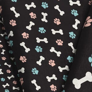 Charcoal Dog Bone and Paw Print Fabric – Pink Blue Dog Paws on Gray, Cute Pet Cotton, Puppy Fabric by the Yard & Fat Quarter