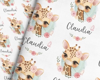 Watercolor Giraffe Personalized Fabric - Gray / Custom Name Fabric / Baby Girl Fabric / Baby Name Fabric Print by the Yard & Fat Quarter