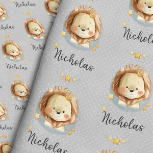 Watercolor Lion Name Fabric - Personalized Baby Nursery Print by the Yard & Fat Quarter