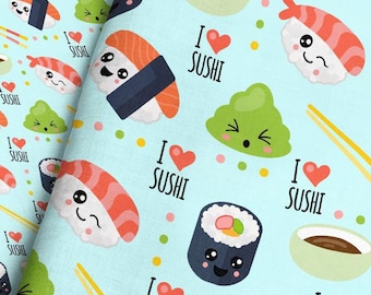 Kawaii Sushi Fabric By The Yard / Cute Smiling I Love Sushi print on quilting cotton, jersey knit, minky, fleece in Yards & Fat Quarters