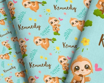 Personalized Sloth Fabric / Custom Name Fabric with Cute Lazy Sloths Florals / scale and material options - Fabric by the Yard & Fat Quarter