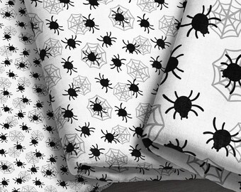 Halloween Spider Fabric - Black White Spiderweb Quilting Cotton, Jersey Knit, Minky, Fleece Print by the Yard & Fat Quarter