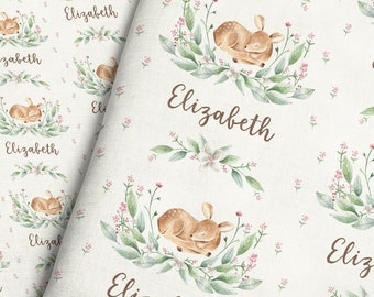 Watercolor Baby Deer Personalized Fabric / Custom Name Fabric / Girl Fawn Fabric / Baby Name Deer Fabric Print by the Yard & Fat Quarter