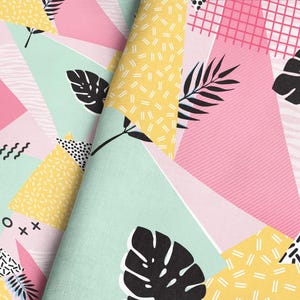 Retro Memphis Fabric – Tropical Leaves & Geometric Shapes – 80s 90s Inspired Pastel Print for Quilting, Apparel, Decor – Multiple Scales
