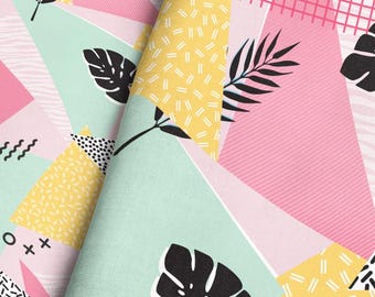 Retro Memphis Fabric – Tropical Leaves Geometric Shapes – 80s