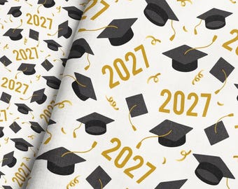 2027 Graduation Caps Fabric – School Celebration Memorabilia Print by the Yard & Fat Quarters