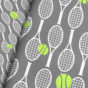 Gray Tennis Fabric / White Rackets and Green Tennis Ball Fabric Print / Pick Your Scale and Material / Fabric by the Yard & Fat Quarter