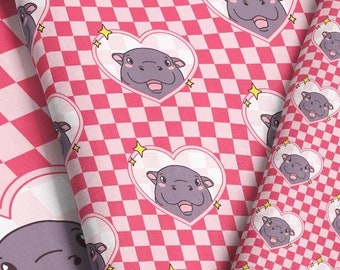 Pink Baby Pygmy Hippo Fabric by the Yard / Hippopotamus Check Print on quilting cotton, jersey knit, minky, fleece in Yardage & Fat Quarter