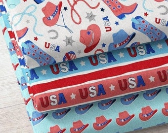 Patriotic Cowboy Fabric Collection - Fabric by the yard / USA Western Red White and Blue for Fourth of July Quilting, Crafts, Apparel, Decor