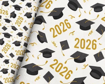 2026 Graduation Fabric By The Yard / Scattered Graduation Caps and Confetti Celebration 2026 Fabric Print in Yards & Fat Quarters