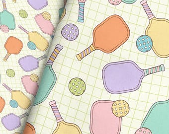 Pickleball Fabric – Paddles, Balls, Grid Pattern – Sport Themed Print by the Yard & Fat Quarter