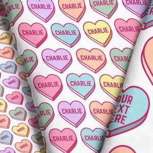 Personalized Candy Hearts Fabric - Valentines Day Custom Name Print by the Yard & Fat Quarter