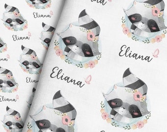 Watercolor Raccoon Personalized Fabric - White / Custom Name Fabric / Raccoon Portrait Fabric / Baby Name Fabric by the Yard & Fat Quarter