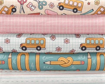 School Things Fabric Collection / Teacher Fabric / Pencils, Bus, Grid Fabric / Modern Back to School Fabric by the Yard & Fat Quarter