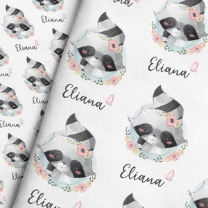 Watercolor Raccoon Personalized Fabric - White / Custom Name Fabric / Raccoon Portrait Fabric / Baby Name Fabric by the Yard & Fat Quarter
