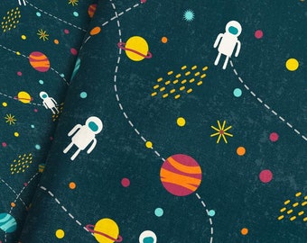 Outer Space Fabric By The Yard / Astronaut and Planets Children's Space Man Fabric Print in Yards & Fat Quarter