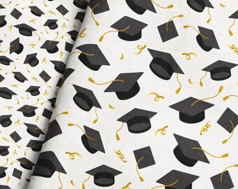 Graduation Fabric By The Yard / Grad Celebration Fabric / Graduation Cap Fabric / Celebration Grad Fabric Print in Yards & Fat Quarter