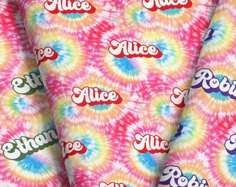 Rainbow Tie Dye Personalized Name Fabric - PICK YOUR COLOR / Faux Tie Dye Name Fabric / Custom Retro Funky Fabric by the Yard & Fat Quarter