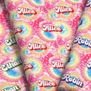 Rainbow Tie Dye Personalized Name Fabric PICK YOUR COLOR / Faux Tie Dye Name Fabric / Custom Retro Funky Fabric by the Yard & Fat Quarter image 1