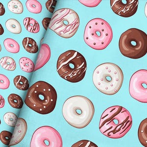 Donut Fabric – Pink, Brown, and White Donuts on Blue – Fun Dessert Print Fabric by the Yard & Fat Quarter
