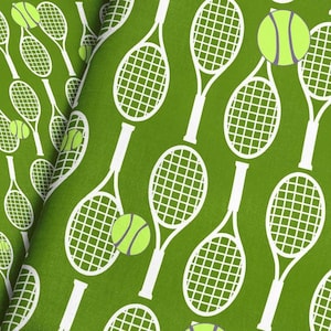 Green Tennis Fabric / White Rackets and Green Tennis Ball Fabric Print / Pick Your Scale and Material / Fabric by the Yard & Fat Quarter