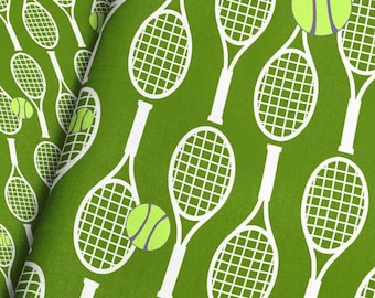 Green Tennis Fabric / White Rackets and Green Tennis Ball Fabric Print / Pick Your Scale and Material / Fabric by the Yard & Fat Quarter