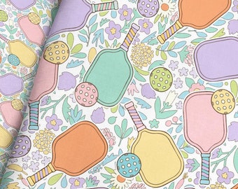 Floral Pickleball Fabric - Colorful Paddles and Balls with Floral Accents on Quilting Cotton, Jersey, Minky Fabric by the Yard & Fat Quarter