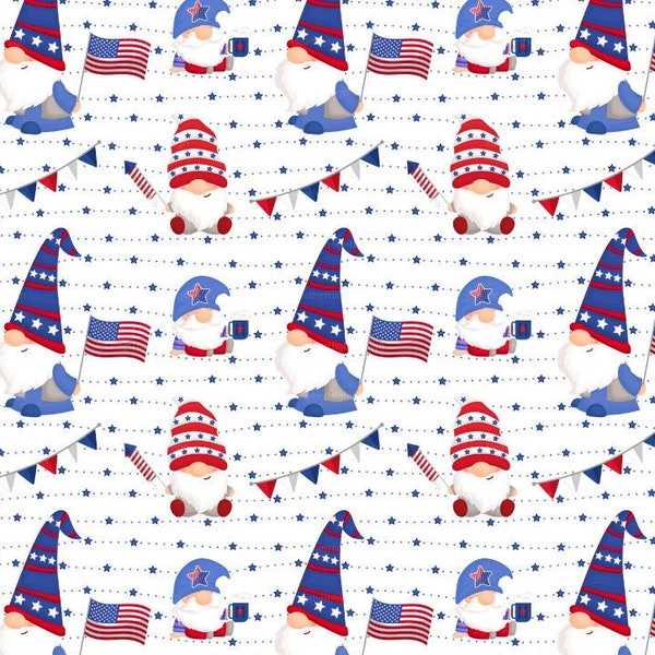 Patriotic Gnomes Fabric by the Yard / 4th of July Fabric / Independence Day Fabric / American Gnome Fabric Print in Yardage & Fat Quarter