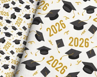 2026 Graduation Fabric By The Yard / Scattered Graduation Caps and Confetti Celebration 2026 Fabric Print in Yards & Fat Quarters