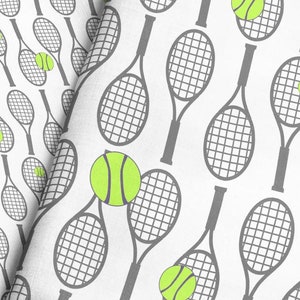 Tennis Racket Fabric By The Yard - Sports Tennis Ball Gray on White Print in Yard & Fat Quarter