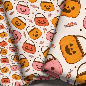 Pompoenemmers halloweenstof / meisjes roze en oranje Jack O Lantern snoepemmer stofprint op maat gesneden en Fat Quarter
