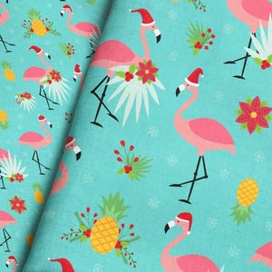 Flamingo Christmas Fabric By The Yard / Tropical Christmas / Flamingos Wearing Santa Hats / Ugly Sweater Fabric Print in Yard & Fat Quarter