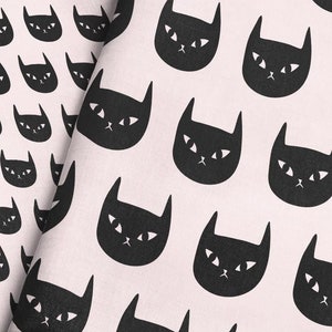 Black Cat Faces Fabric – Spooky Gothic Halloween Cat Heads on Blush White  –  Witchy Decor and More – Fabric by the Yard & Fat Quarter