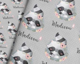 Watercolor Raccoon Personalized Fabric - White / Custom Name Fabric / Raccoon Portrait Fabric / Baby Name Fabric by the Yard & Fat Quarter