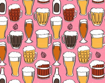 Beer Glass Fabric By The Yard - Pink / Adult Gift Project / Hops Ale Fabric / Draft Beer Brewery Fabric / Beer Print in Yard & Fat Quarter