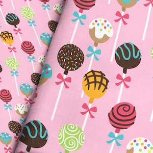 Pink Cake Pop Fabric – Sweet Treats Dessert Print, Candy Lollipop Fabric, Fun Pink Party Fabric by the Yard & Fat Quarter