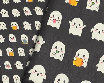 Ghost Emojis Fabric - Charcoal Black - Cute Pumpkin Ghost Halloween Spooky Fabric Print by the Yard & Fat Quarter