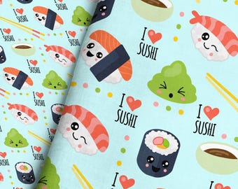 Kawaii Sushi Fabric – Smiling Nigiri I Love Sushi Print by the Yard & Fat Quarters