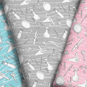Friseur Stoff Meterware | Retro Beauty Salon Stoff | Beauty Salon-Werkzeug-Stoff | Haar Stylist Stoff Druck in Yard & Fat Quarter